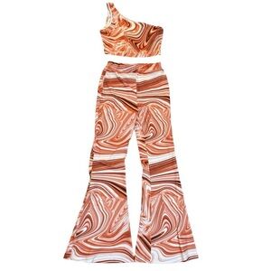 SHEIN One-Shoulder Swirl Two Piece Set in Orange and White